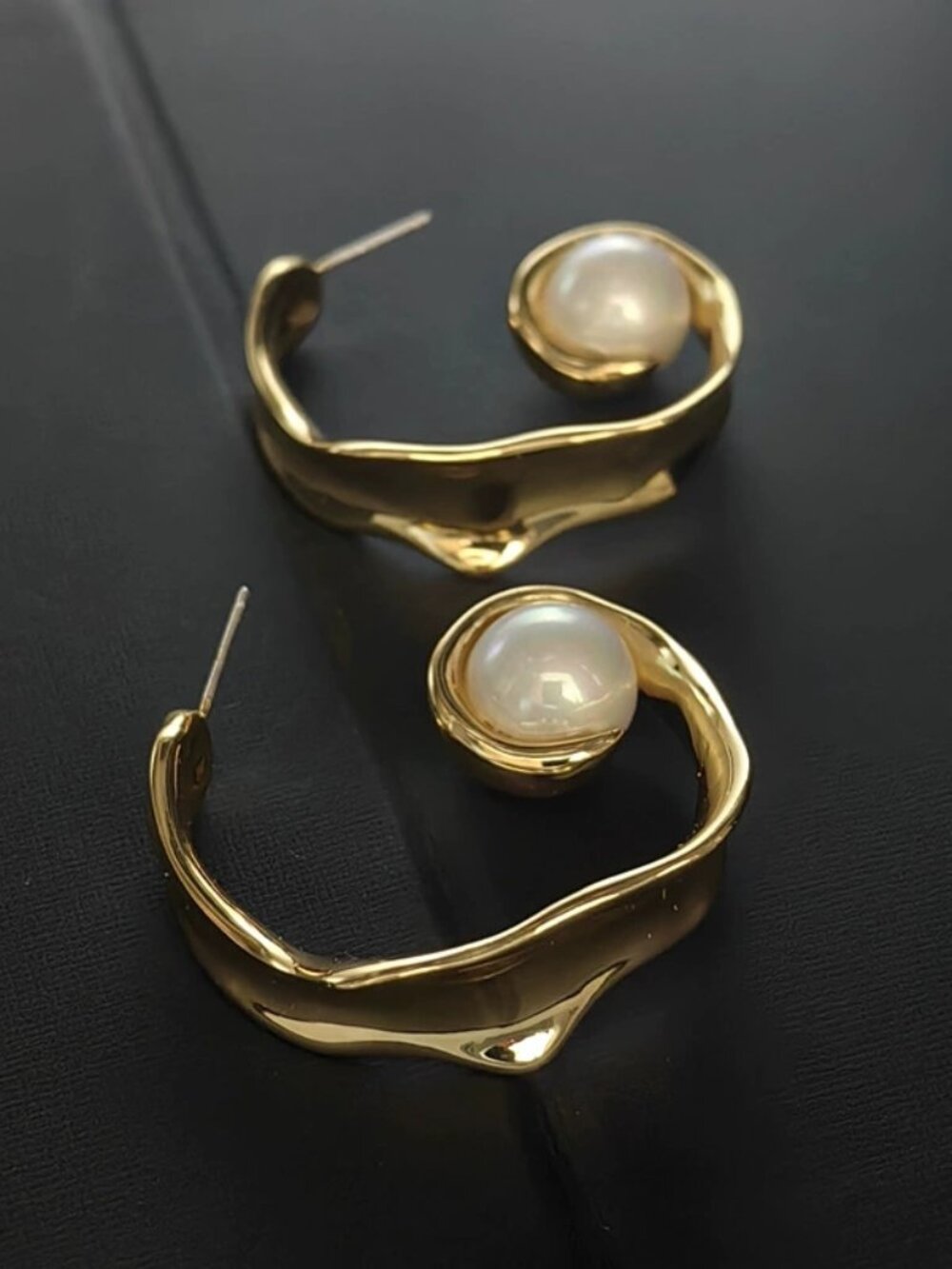 Gold Irregular Curl Pearl Stud Earrings